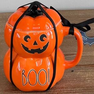 Rae Dunn Boo Pumpkin mug with topper